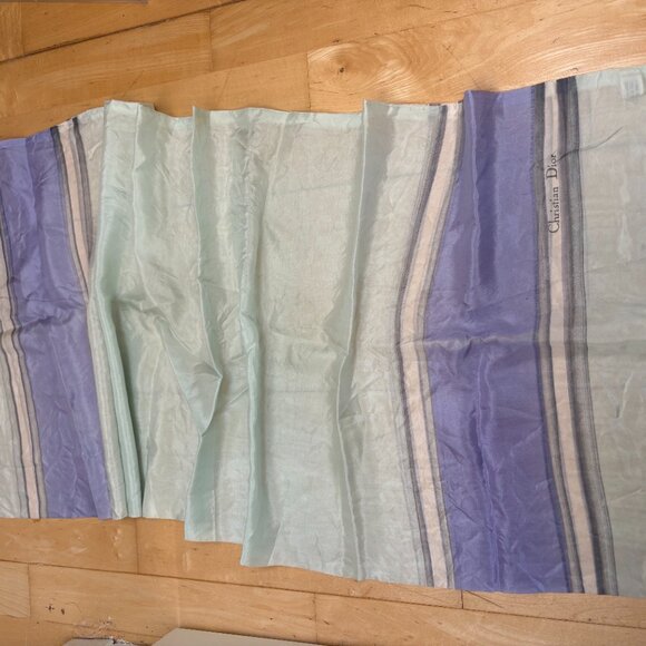 Christian Dior Vintage Silk Scarf Blue Striped Print Made in France 17x41" - Picture 5 of 7
